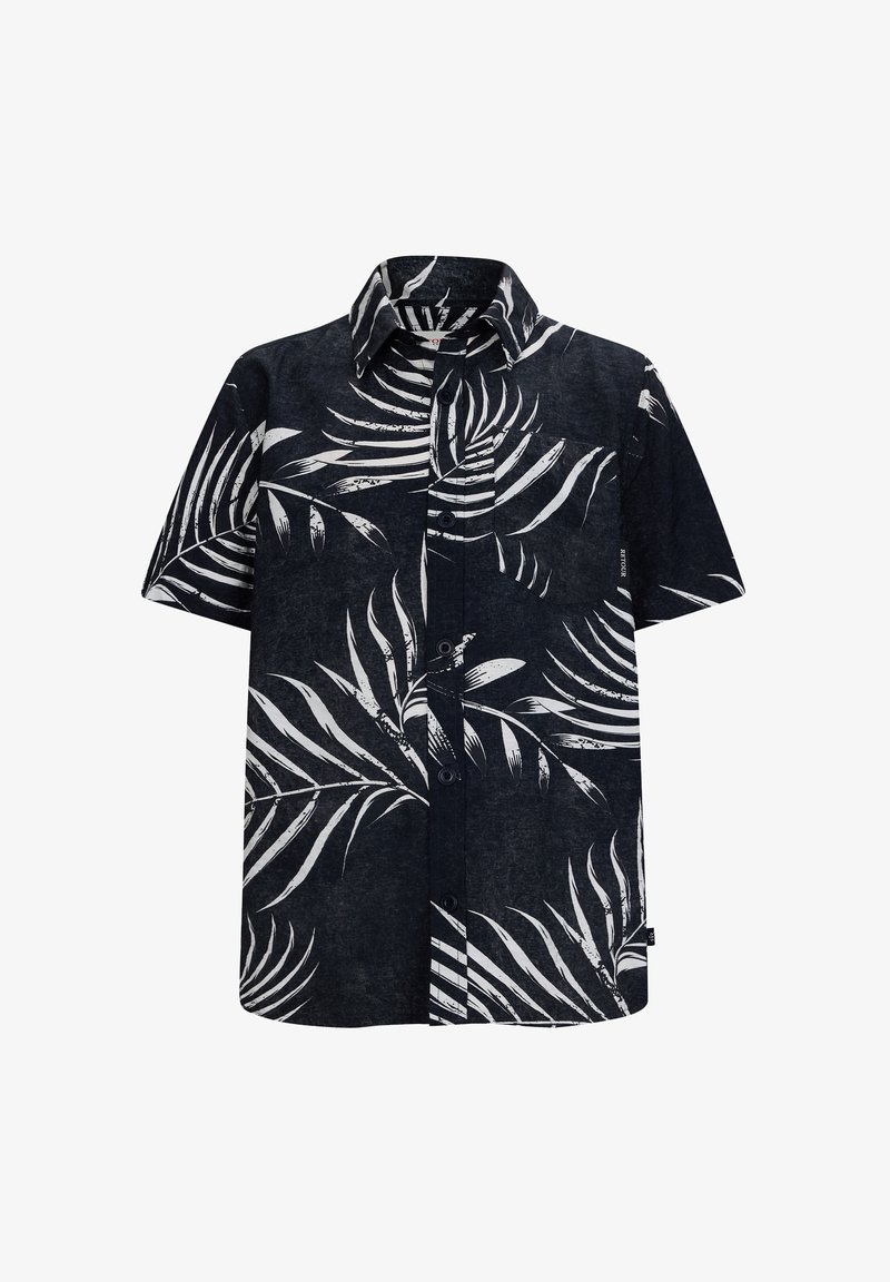 Kurzarmhemd aus navy Stoff mit einem weißen Palmenblattmuster, Knopfleiste und umklappbarem Kragen. Enthält eine Brusttasche.