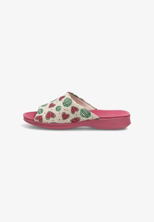 Zapatilla abierta color rosa con suela de goma, parte superior de tela impresa con rodajas de sandía y sandías enteras en rojo y verde.