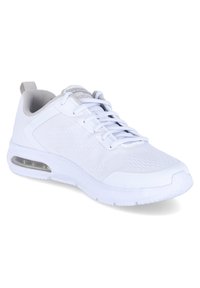 White athletic shoe with a textured upper, lace-up design, air cushioning in the sole, and a durable rubber outsole.