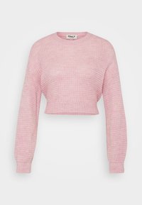 Rosa stickad kortärmad tröja med långa ärmar och rund halsringning, med en texturerad mönstring samt ribbade ärmslut och nederkant.