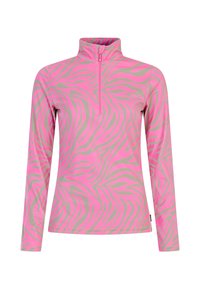 Camiseta de manga larga ajustada en rosa con rayas de cebra grises; cuenta con un cuello con media cremallera y una tela suave y elástica para mayor comodidad.