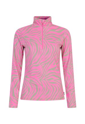 Enganliegendes langärmliges Oberteil in Rosa mit grauen Zebra-Streifen; verfügt über einen halben Reißverschlusskragen und einen weichen, elastischen Stoff für Komfort.