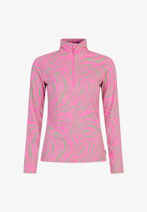 Ružičasti prilagođeni dukserica s dugim rukavima sivi prugasti uzorak; ima ovratnik s polužipom i meku, rastezljivu tkaninu za udobnost.