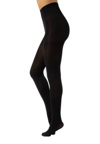 Calze opache nere in nylon, con vita alta e design aderente, che offrono un aspetto liscio e una buona elasticità.