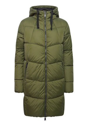 Abrigo acolchado de color verde oliva con capucha, con cremallera frontal completa y cordones negros. Diseño en rombos acolchados, dos bolsillos laterales con cremallera.