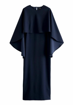 Navy blue dress with a loose-fitting silhouette, layered design, wide cape sleeves, and a round neckline with a discreet back zipper.