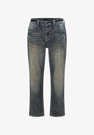 Wyblakłe czarne jeansy o prostych nogawkach z przodem zapinanym na guziki i zamek, szlufkami na pasek oraz kieszeniami z przodu i z tyłu.