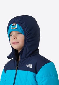 Niebieska i granatowa puchowa kurtka z kapturem, z logo na piersi, oraz niebieska dziana czapka z grafiką misia z przodu.