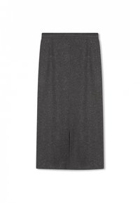 Grau, knielanger Rock aus einem strukturierten Material, mit einem Schlitz hinten in der Mitte und einem elastischen Bund. Einfaches und gerades Design.