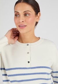 Witte gebreide trui met blauwe horizontale strepen, ronde halslijn en knoopsluiting bij de kraag. Zachte textuur, casual pasvorm en lange mouwen.