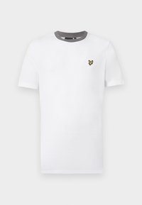 White short-sleeve t-shirt with a round grey collar and a small yellow emblem on the left chest. Cotton material, plain design.