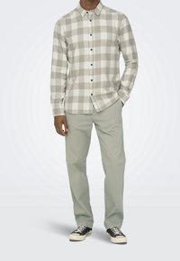 Geruite blouse met lange mouwen in beige en wit, met donkere knopen. Gepaard met lichtgroene broek en zwarte sneakers.