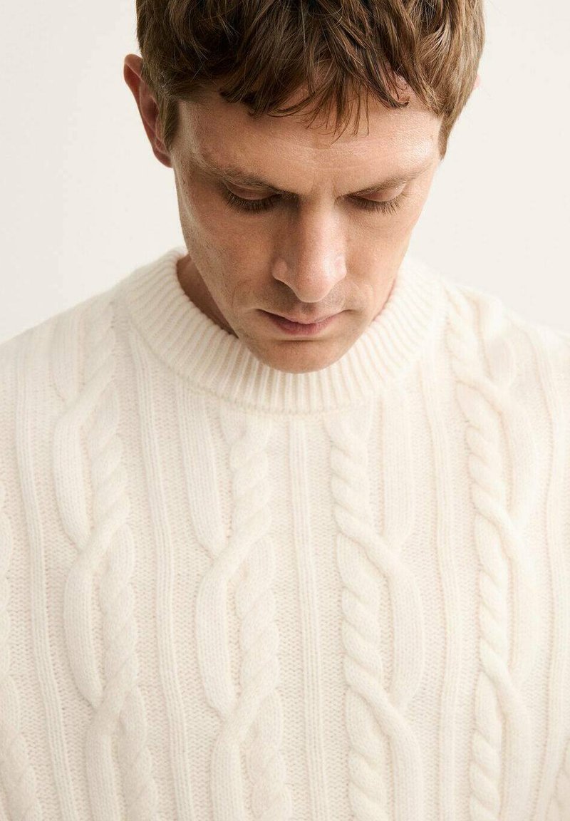 Cream colored cable-knit sweater with a ribbed crew neckline, showcasing textured twisted patterns throughout the fabric.