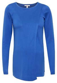 Modrá dlouhá svetr s dlouhým rukávem a kulatým výstřihem; obsahuje boční panelový detail a mírně delší zadní lem. Vyrobeno z texturované tkaniny.