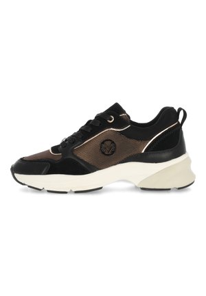 Black sneaker with mesh and suede upper, gold accents, rounded toe, padded collar, and thick white sole. Logo featured on the side.