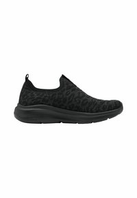 Black slip-on athletic shoe with a textured knit upper featuring a subtle leopard pattern and a thick black rubber sole.