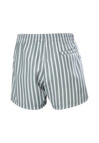 Bañador a rayas en gris y blanco, hecho de material ligero con una cinturilla elástica y un bolsillo trasero para almacenamiento.