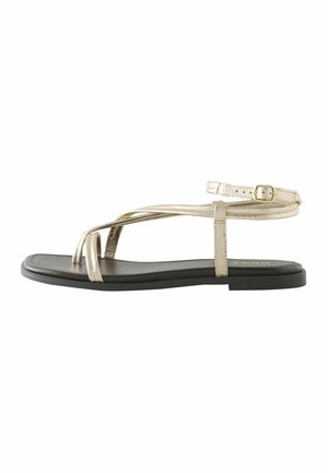 Platte sandaal met zwarte zool en dunne metallic gouden bandjes, inclusief een enkelbandje met een kleine gouden gesp.