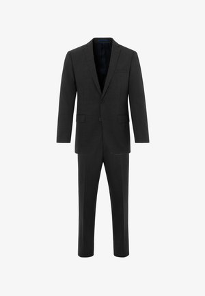Donkergrijs pak van gemêleerd stof, met een notch-lapel, een sluiting met twee knopen en taps toelopende broek met voorplooien.