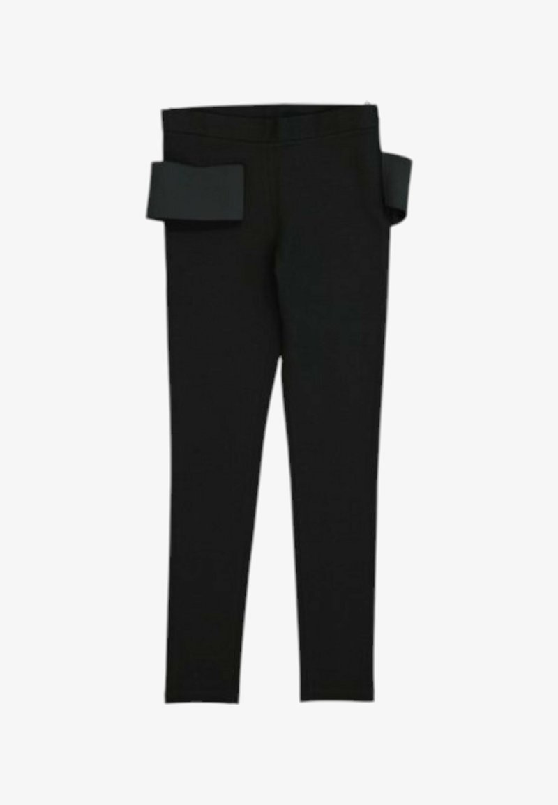 Leggings noirs ajustés avec larges bretelles partant des hanches, conçus pour le soutien ou un ajustement réglable.