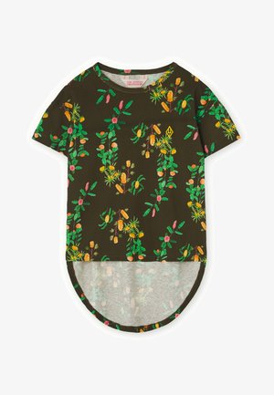 Mørkegrøn kortærmet skjorte med high-low kant og farverigt blomsterprint i gult, lyserødt og grønt, med et lille gult logo på brystet.