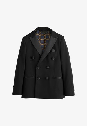 Juodas dvieilis švarkas su satino atvartais, šešiais mygtukais, priekinėmis kišenėmis ir vidiniu pamušalu su auksinės ir tamsiai mėlynos grandinės raštu.