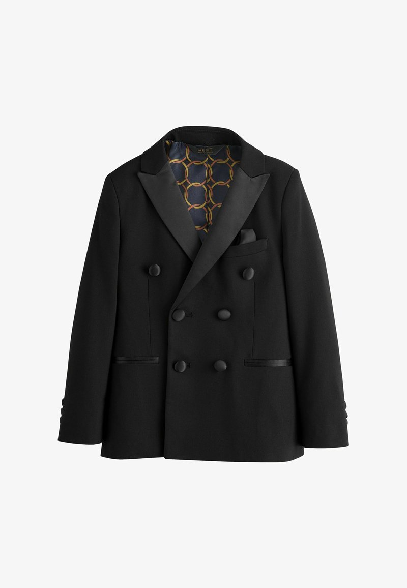 Čierne dvojradové sako s hodvábnymi klopami, šiestimi gombíkmi, prednými vreckami a vzorovanou vnútornou podšívkou so zlatým a námorníckym reťazovým motívom.