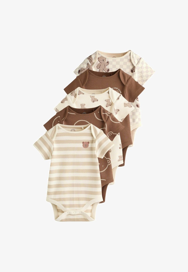 Cinq bodies bébé à manches courtes dans des tons beige et marron avec des imprimés et motifs d'ours en peluche disposés en pile décalée.