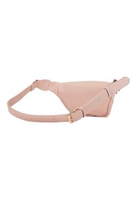 Różowa torebka typu crossbody z ekoskóry, z regulowanym paskiem, charakteryzująca się eleganckim designem, gładką teksturą i złotymi akcentami.