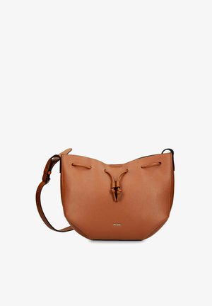 Sac d'épaule en cuir marron avec sangle réglable et fermeture à cordon, petit logo de la marque en métal au centre avant.