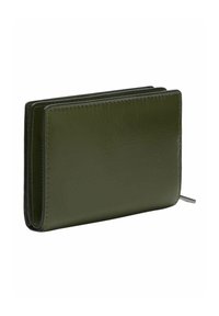 Portefeuille en cuir vert à texture lisse, design pliable en deux, détails de coutures discrètes et profil fin. Aucun accessoire métallique visible.