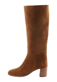 Brown suede knee-high boot with a rounded toe and block heel. Smooth texture with minimal stitching and a simple design.