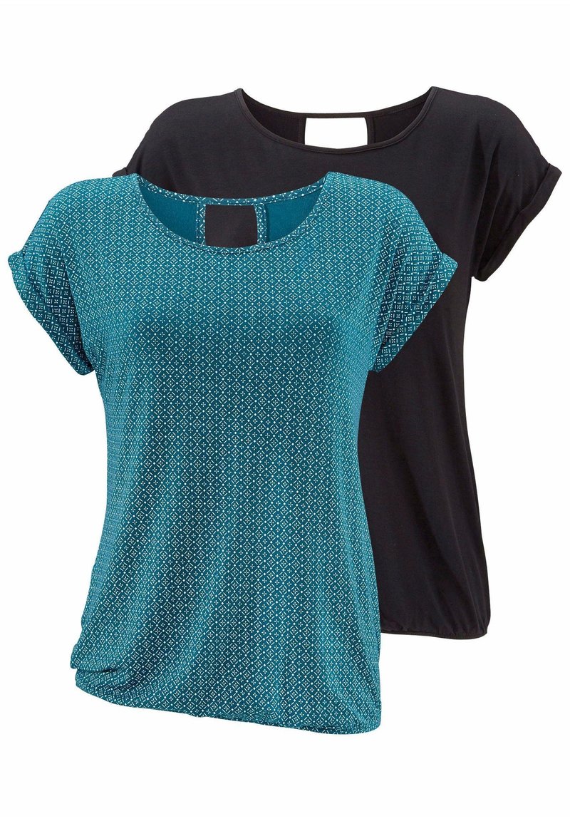 LASCANA 2 pack - T-shirt print - petrol-gemustert+schwarz-uni