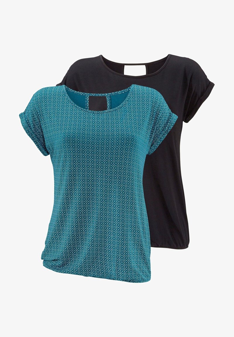 LASCANA 2 pack - T-shirt imprimé - petrol-gemustert+schwarz-uni