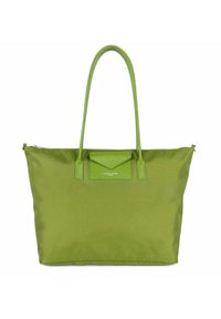 Sac fourre-tout vert en nylon avec une texture lisse, doté de deux longues poignées, d'une fermeture éclair et d'une petite poche décorative à rabat.
