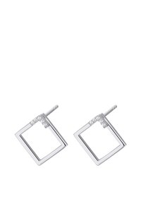 Silberne quadratische Ohrringe mit einem Ausschnittdesign und einer Reihe kleiner klarer Steine in einer Ecke für zusätzlichen Detail.