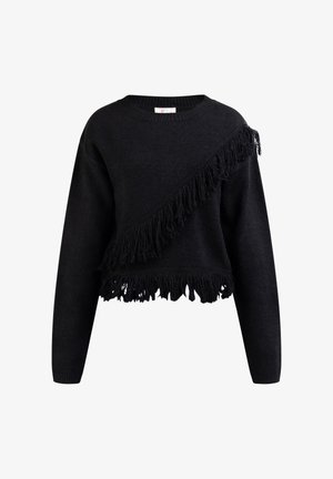 Zwarte gebreide trui met een asymmetrisch ontwerp en franjes aan één kant en langs de zoom, ronde hals en lange mouwen.