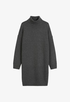 Czarna szara sukienka sweterkowa z wysokim golfem, opadającymi ramionami oraz ściągaczami na mankietach i u dołu. Miękka tekstura, oversize'owy krój.