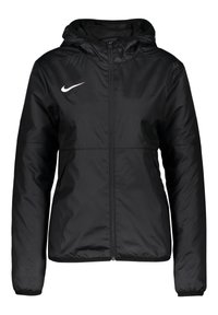 Black lightweight jacket with hood, zip closure, elastic cuffs, and Nike logo in white. Smooth, shiny fabric with a classic fit.