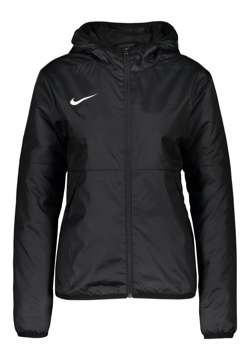 Black lightweight jacket with hood, zip closure, elastic cuffs, and Nike logo in white. Smooth, shiny fabric with a classic fit.