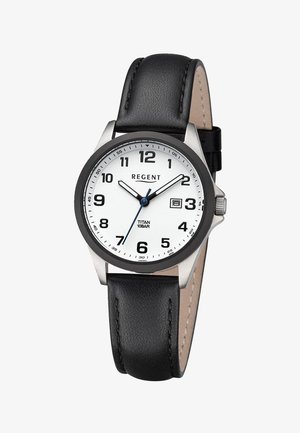 Montre analogique à bracelet en cuir noir, cadran blanc, chiffres noirs, affiche la date à 3 heures et boîtier argenté.