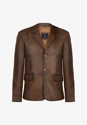 Brauner Lederblazer mit Reverskragen, zwei Knöpfen und zwei vorderen Taschen. Glatte Textur mit sichtbaren Nähten.