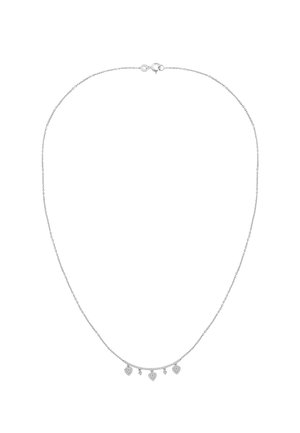 Silberne Gliederkette mit fünf kleinen herzförmigen Anhängern und Karabinerverschluss auf weißem Hintergrund.