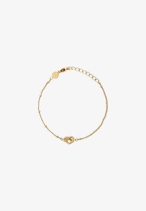 Złota bransoletka z wzorem łańcuszka, z centralnym węzłem i małymi okrągłymi koralikami. Regulowana długość z zapięciem.
