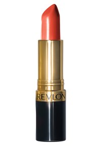 Revlon läppstift i ett guld- och svart rör. Läppstiftet är en slät korall-orange med en spetsig topp och en blank finish.