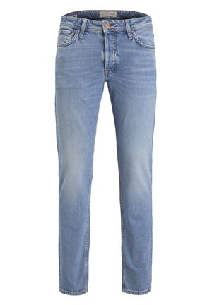 Jeans de mezclilla azul claro con corte recto, que cuentan con un cierre de botón, cinturilla y un discreto patrón de desgaste.
