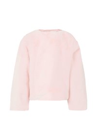 Maglione cropped rosa, corto, con maniche lunghe, realizzato in materiale morbido e peloso, caratterizzato da un collo rotondo e senza chiusure visibili.