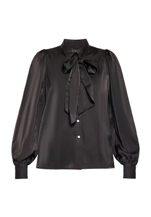 Čierna saténová blúzka s vysokým golierom, prehnaným mašľovým uzlom, nariasenými rukávmi a predným zapínaním na perlové gombíky.