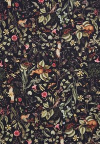 Floral and fauna fabric with a black background, featuring intricate patterns of flowers, leaves, and small animals in vibrant colors.
