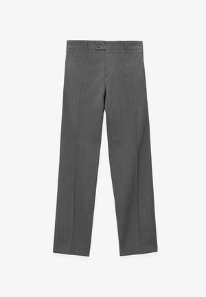Szare spodnie w prążki o prostym kroju, z zapięciem na guzik i szlufkami na pasek, wykonane z teksturowanej tkaniny.